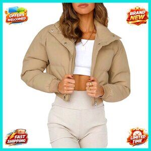 Cropped Puffer Jacket Quilted Chic Winter Warm Outerwear Long Sleeve Bubble Coat